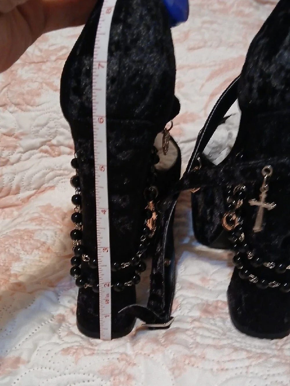 Sugar Thrillz Black Velvet Platform Heel with Heart & Cross Charms